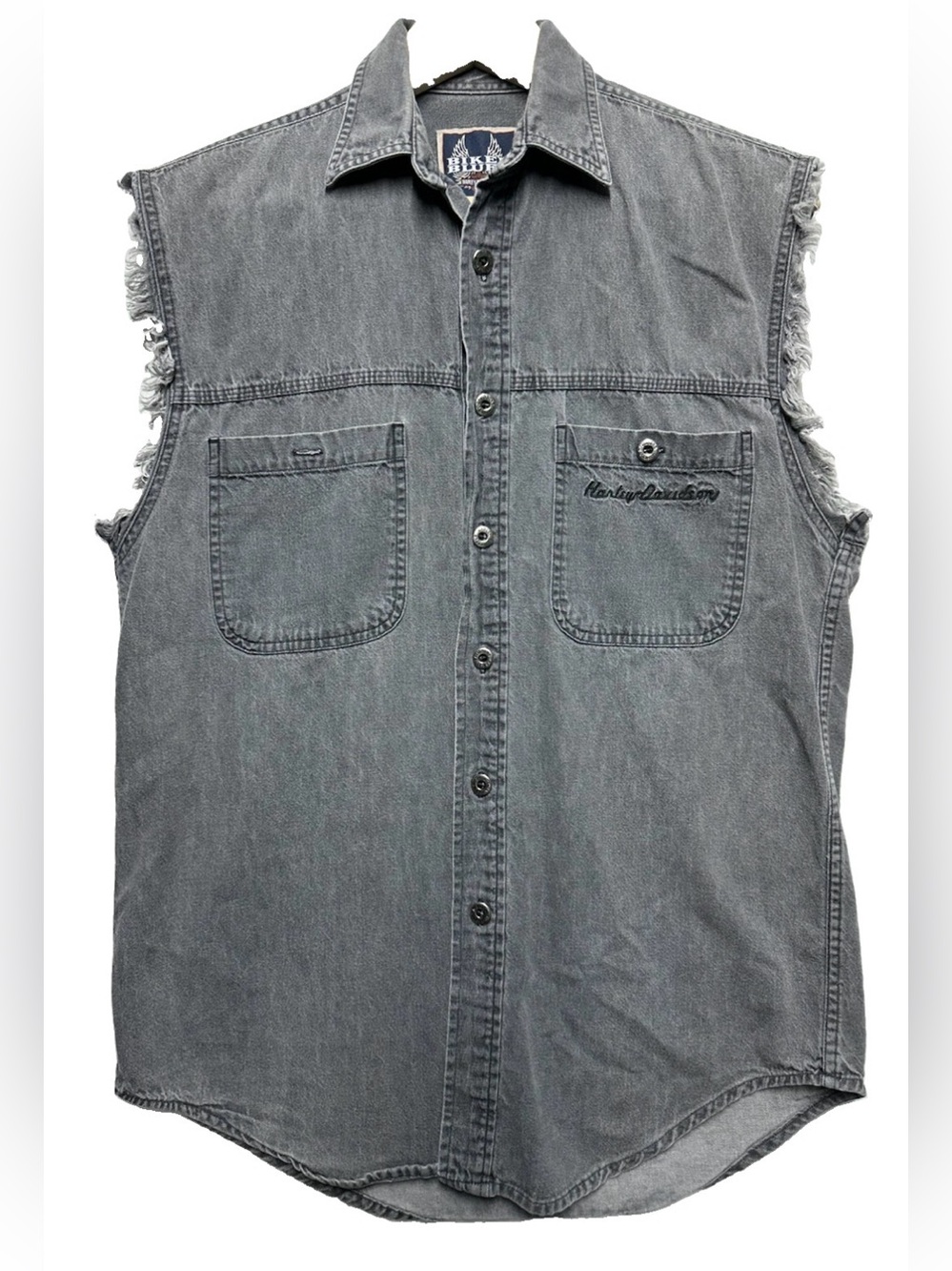 Harley Davidson Biker Blues Gray Denim Sleeveless Shirt Vest Small
